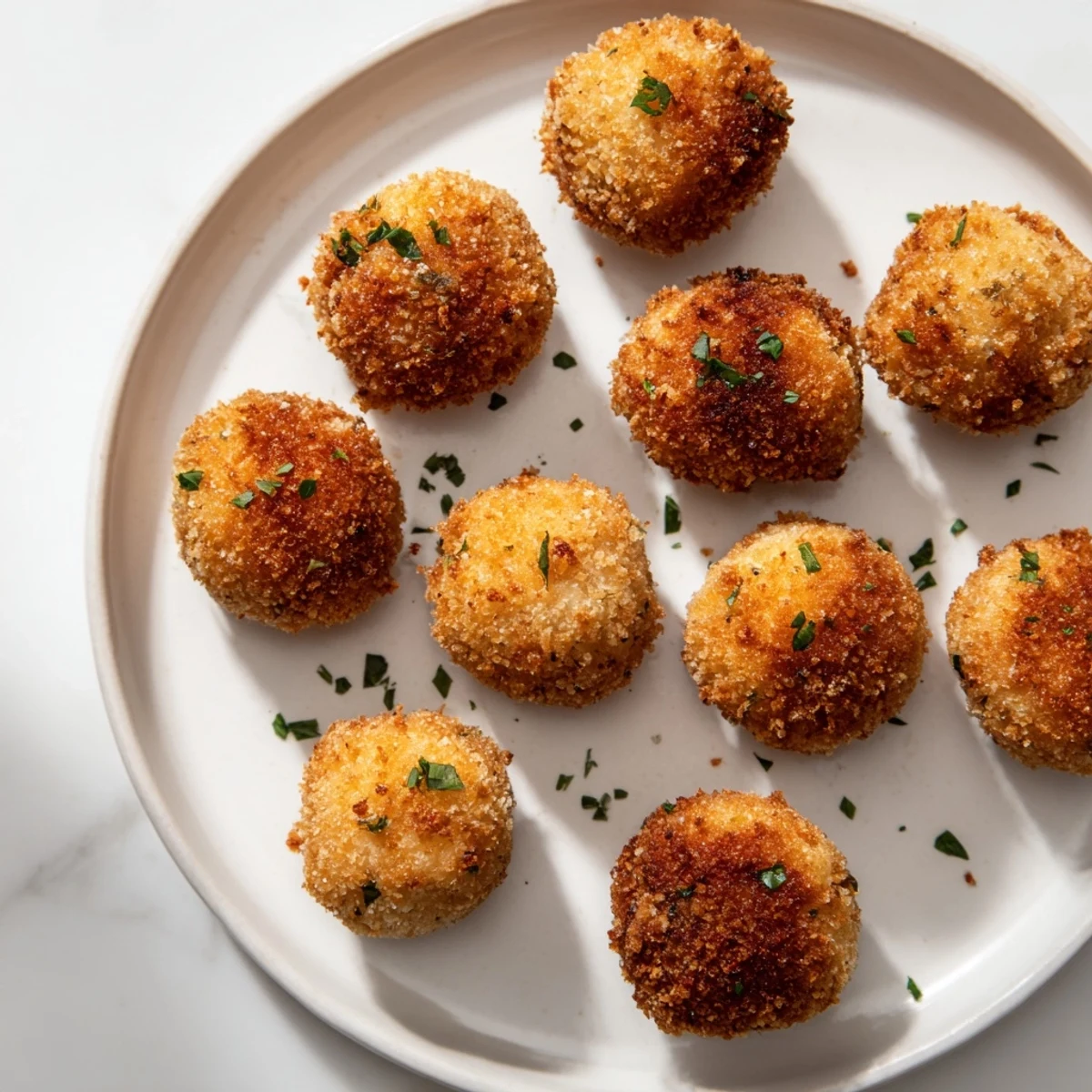 Golden-brown Creamy Chicken & Rice Arancini Balls ready to be served, a comforting appetizer.