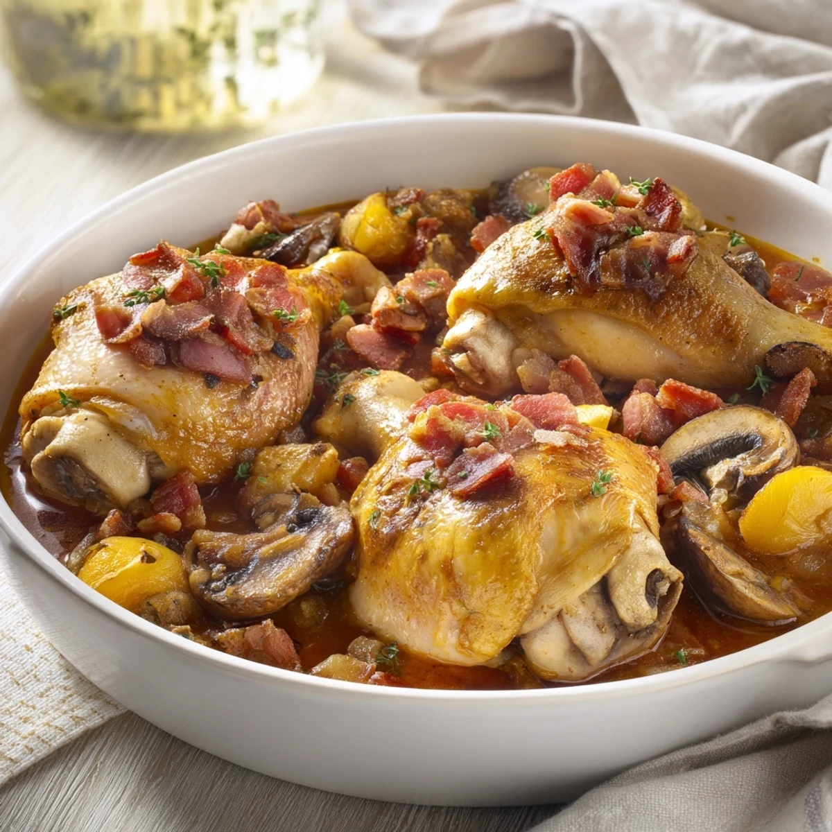 Tender Instant Pot Coq au Vin Style Chicken Thighs with a rich, savory red wine sauce, ready to serve.