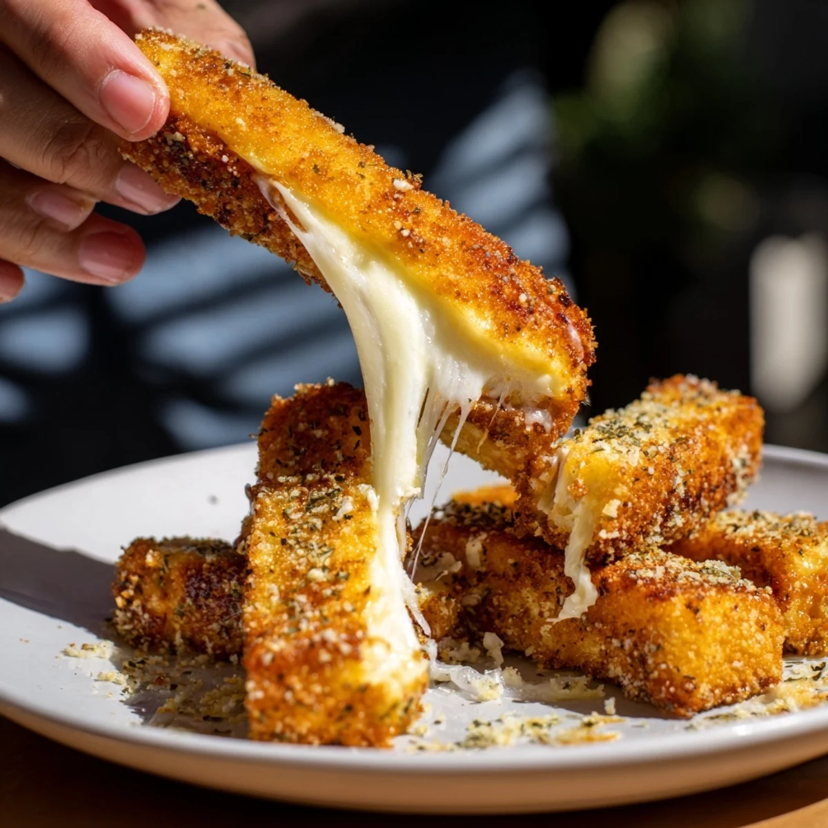 Gooey mozzarella cheese inside Air Fryer Mozzarella Stick Grilled Cheese Fingers, an easy, air-fried comfort food recipe.