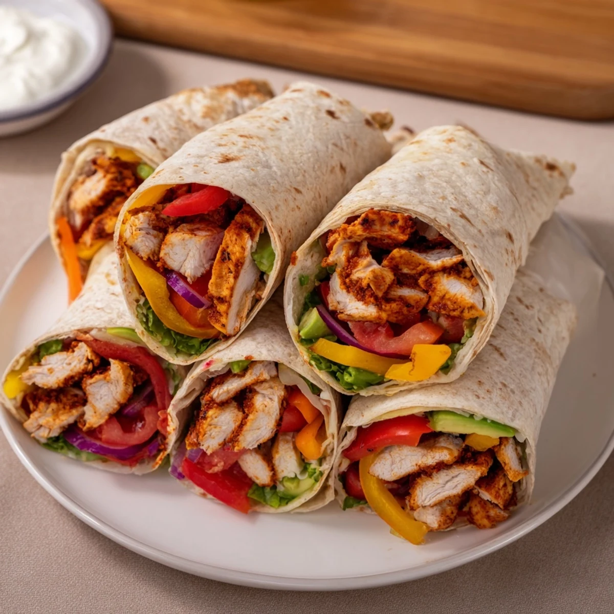 Sheet-Pan Fajita Chicken Rainbow Wraps showcase vibrant roasted bell peppers alongside tender chicken, ready to be wrapped.