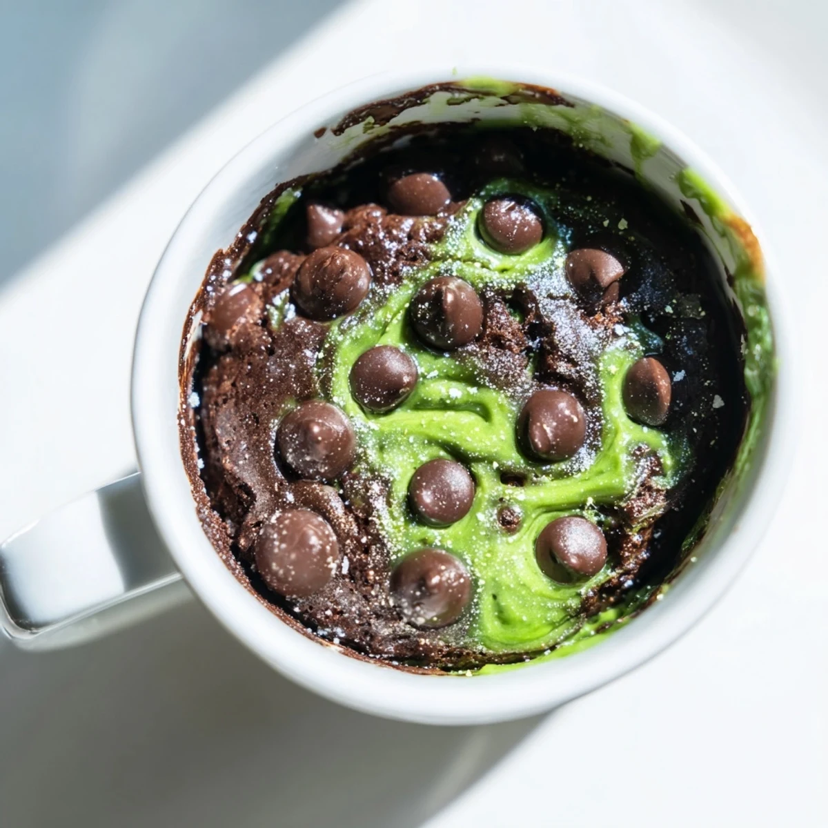 Warm, dark matcha peppermint brownie batter mug cake, a quick, single-serve dessert steaming hot.
