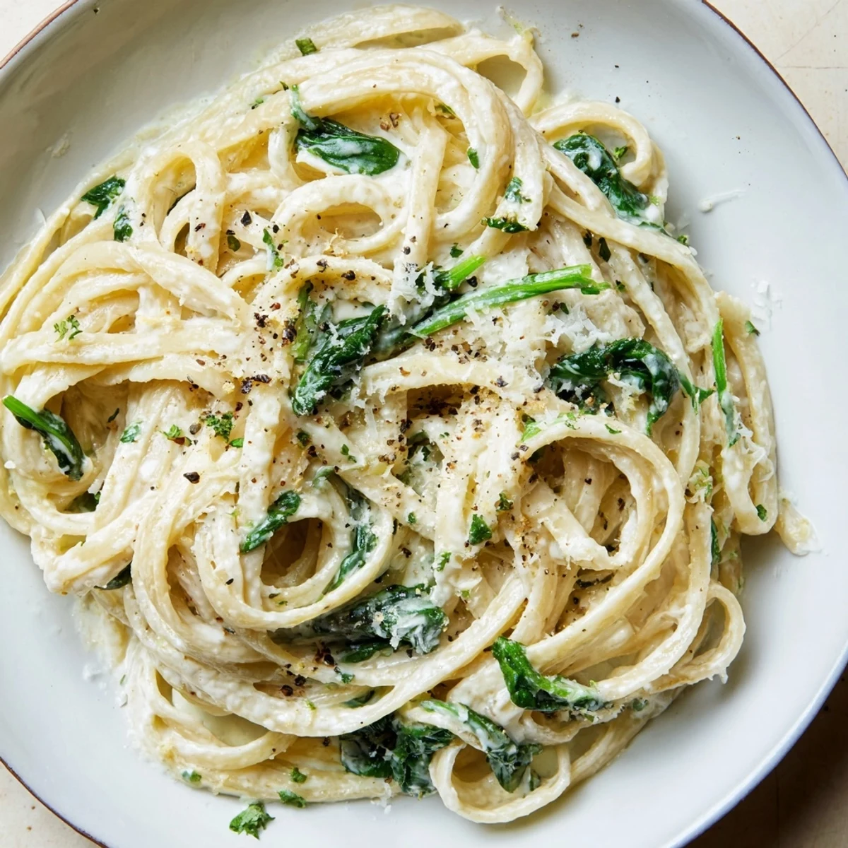 A steaming bowl of Creamy Greek Yogurt Spinach Alfredo Pasta, topped with fresh Parmesan and pepper.