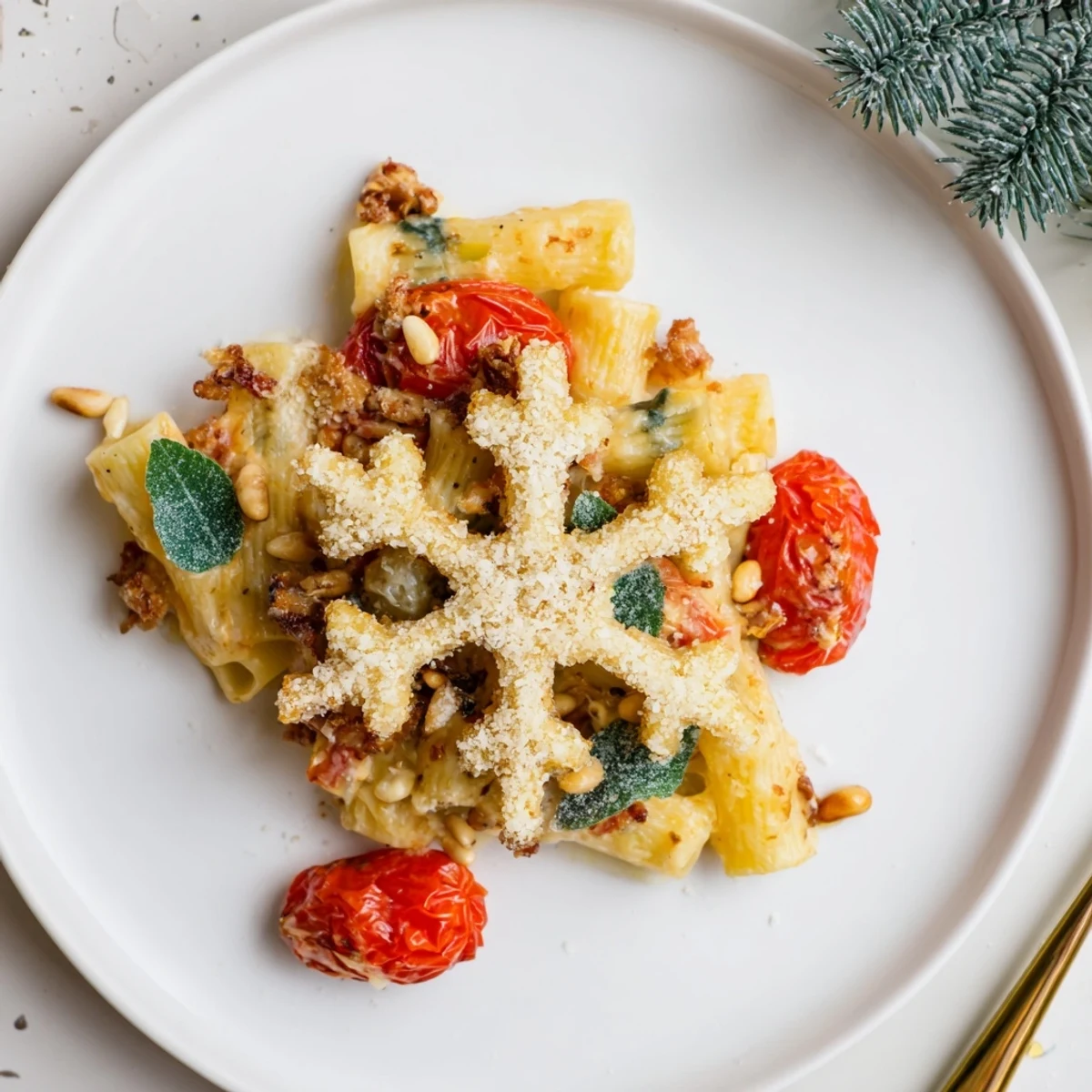 A close-up of Baked Goat Cheese Snowflake Tomato Basil Pasta, ready to serve with fresh basil.