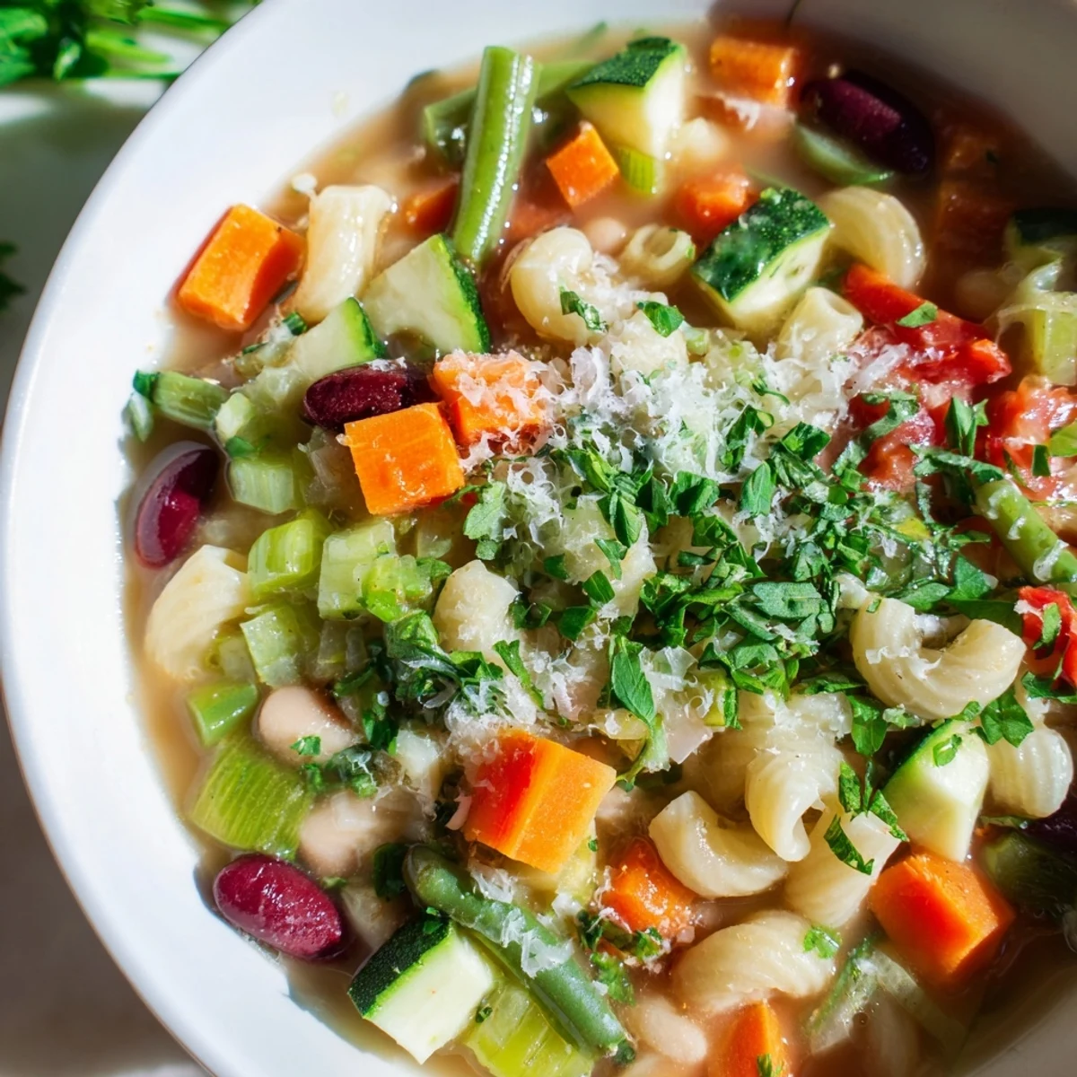 A steaming bowl of Veggie-Packed Minestrone Christmas Pasta Pot, ready to warm you up.