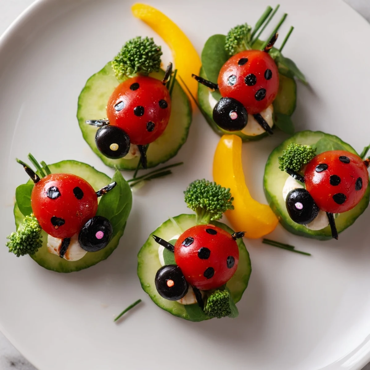 Close-up of a colorful Ladybug Garden Platter appetizer with fresh cherry tomatoes and vibrant veggie details.