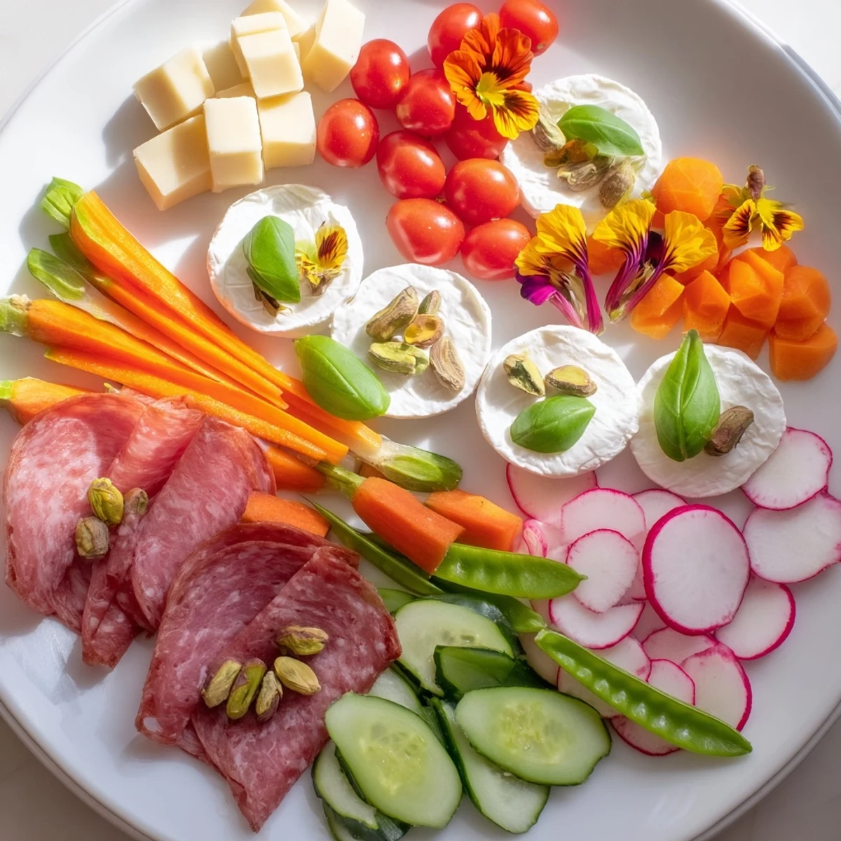 Artful arrangement of the Dragonfly Dance Appetizer Tray with colorful vegetables, cheeses, and meats for guests.