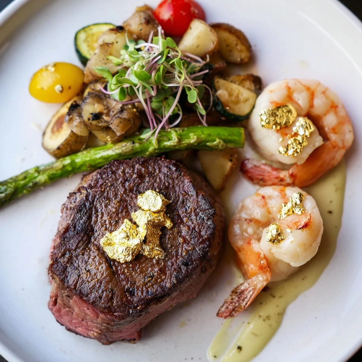 Golden Heart Luxury Platter displays seared filet mignon and shrimp atop roasted vegetables with decadent sauces.