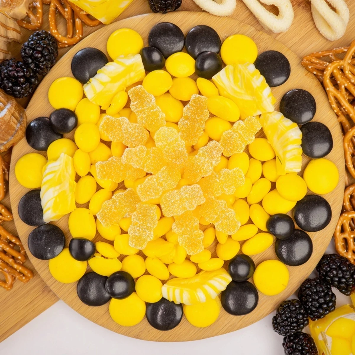 Colorful and delicious, this Bumblebee Candy Board is artfully arranged with treats and fruit.