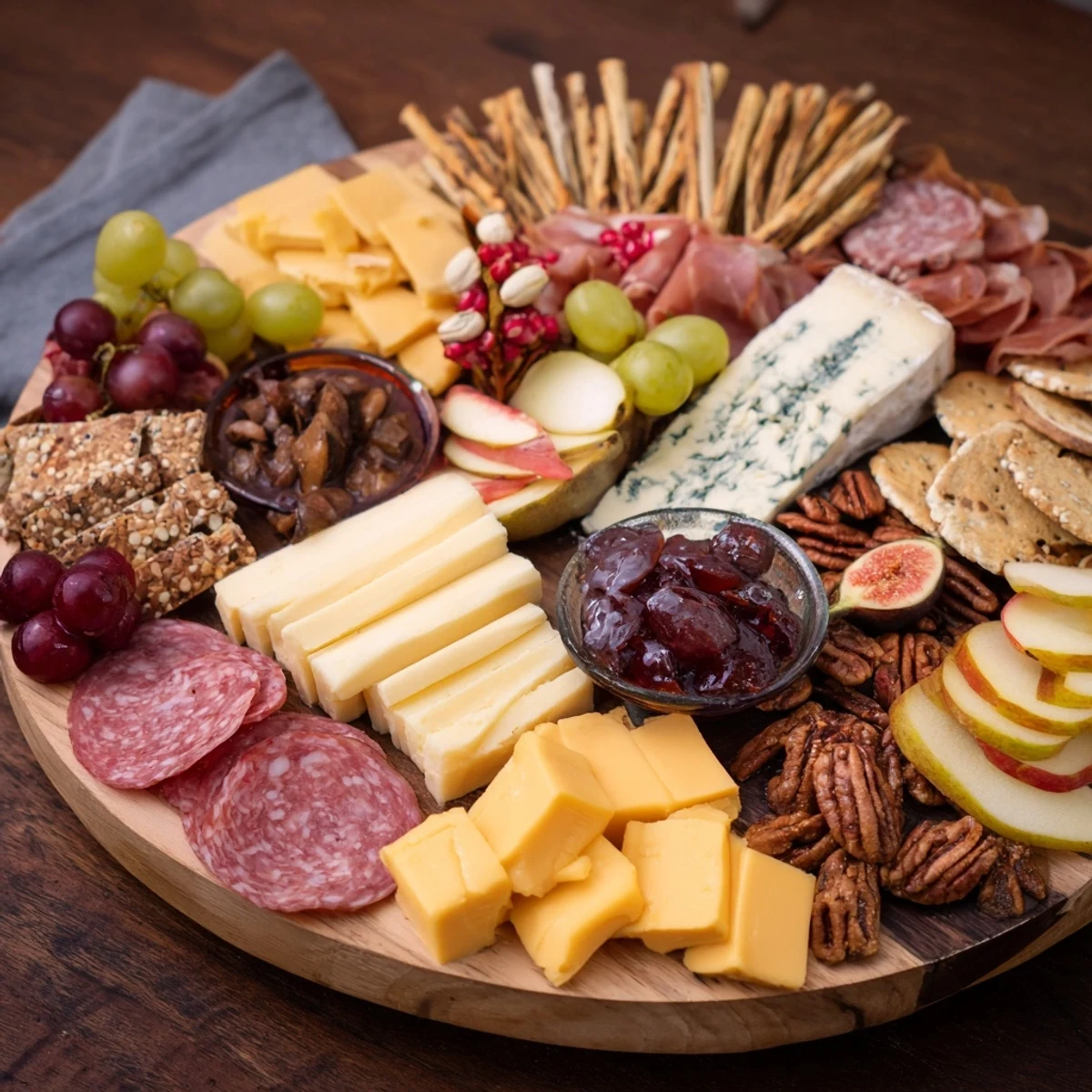 A festive Shining Bright Christmas 2025 Board overflowing with vibrant cheeses, charcuterie, and seasonal fruits.