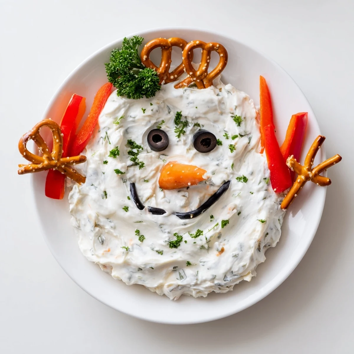Creamy melted snowman dip bowl, complete with olive eyes and carrot nose, ready to be scooped up.