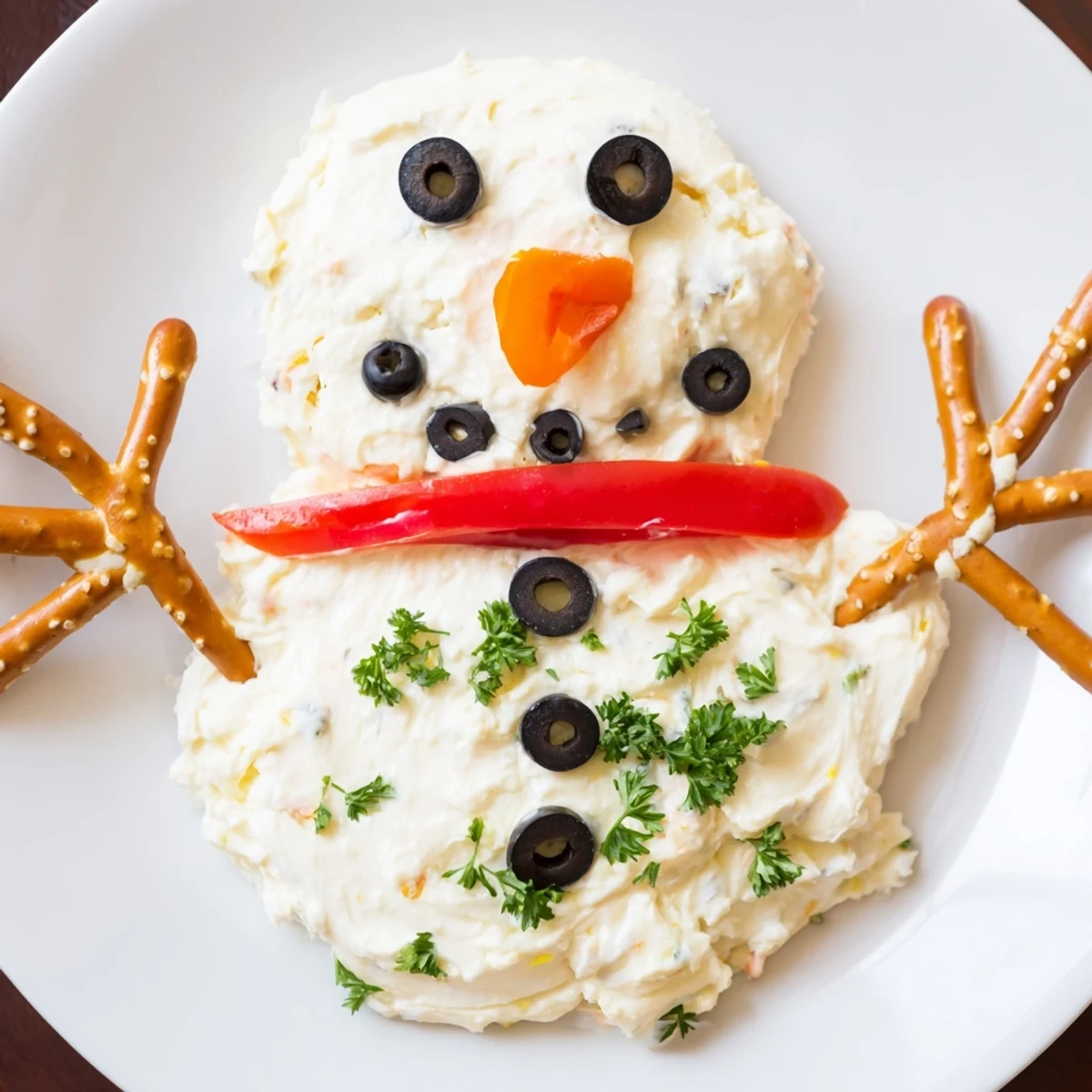 Enjoy this whimsical melted snowman dip bowl served with crackers, a festive holiday appetizer.