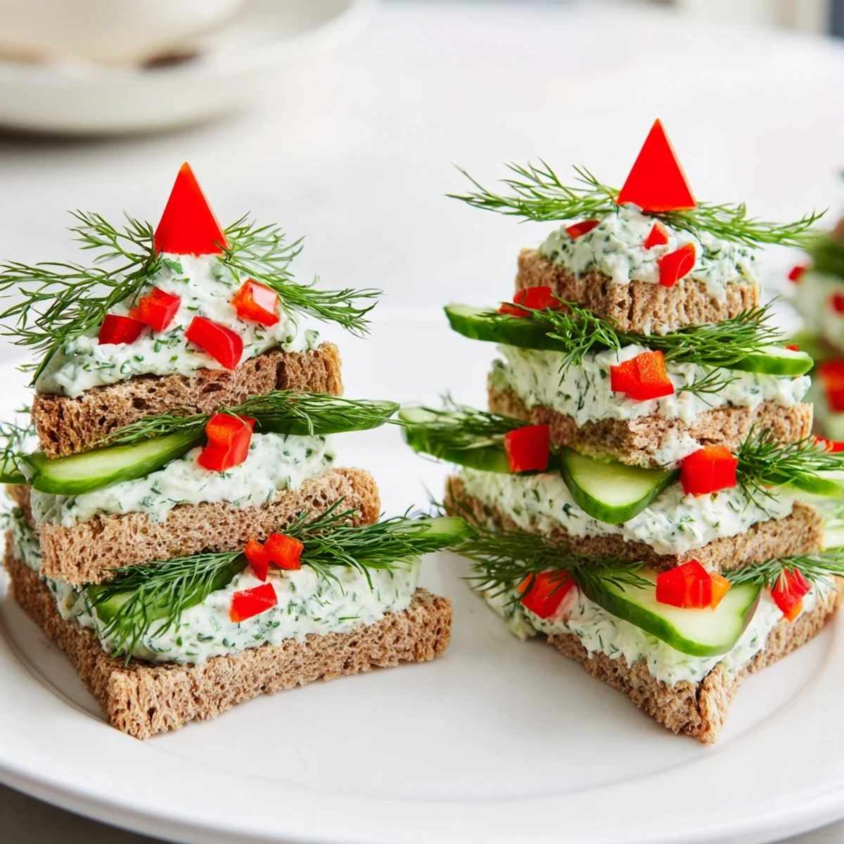 Cucumber and Cream Cheese Tree Stacks feature vibrant cucumber atop herbed cream cheese, ready to eat.