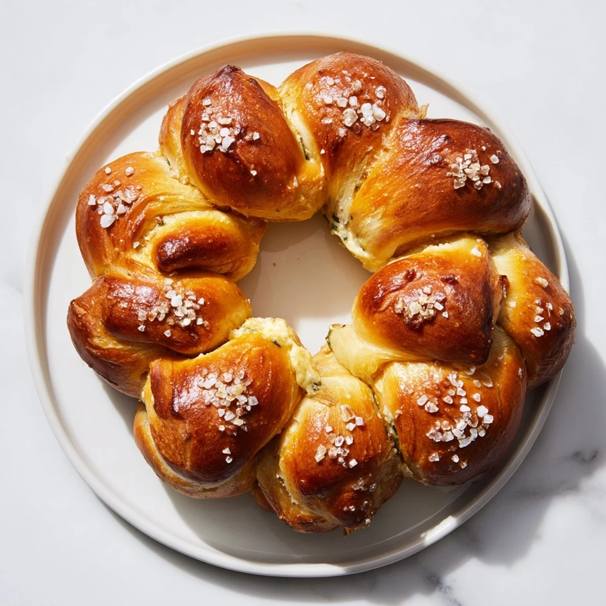 A close-up of a warm Pretzel Wreath Dip Ring, ready to be dipped into the creamy spinach center.