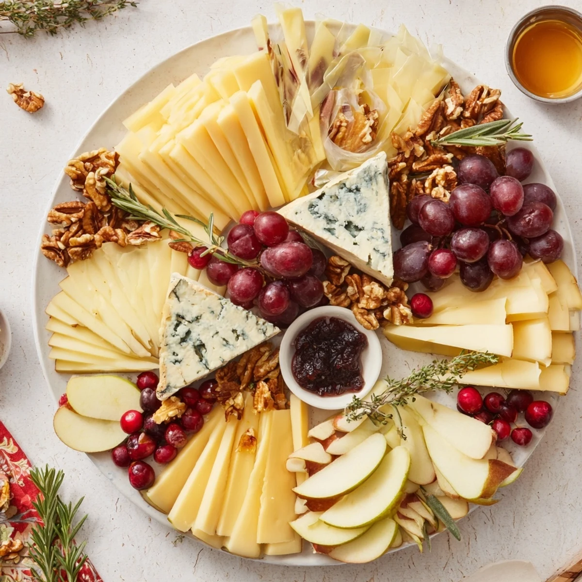 Seasonal Winter Cabin Cheese Display, featuring vibrant fruits and a variety of cheeses, ready to be enjoyed.