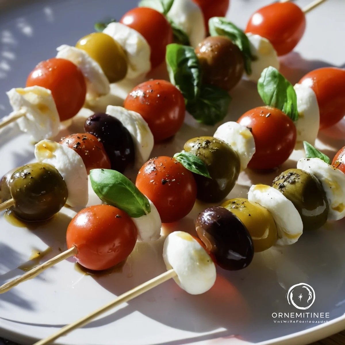 Appetizing Christmas Lights Olive and Tomato Skewers, a colorful appetizer perfect for holiday parties and gatherings.