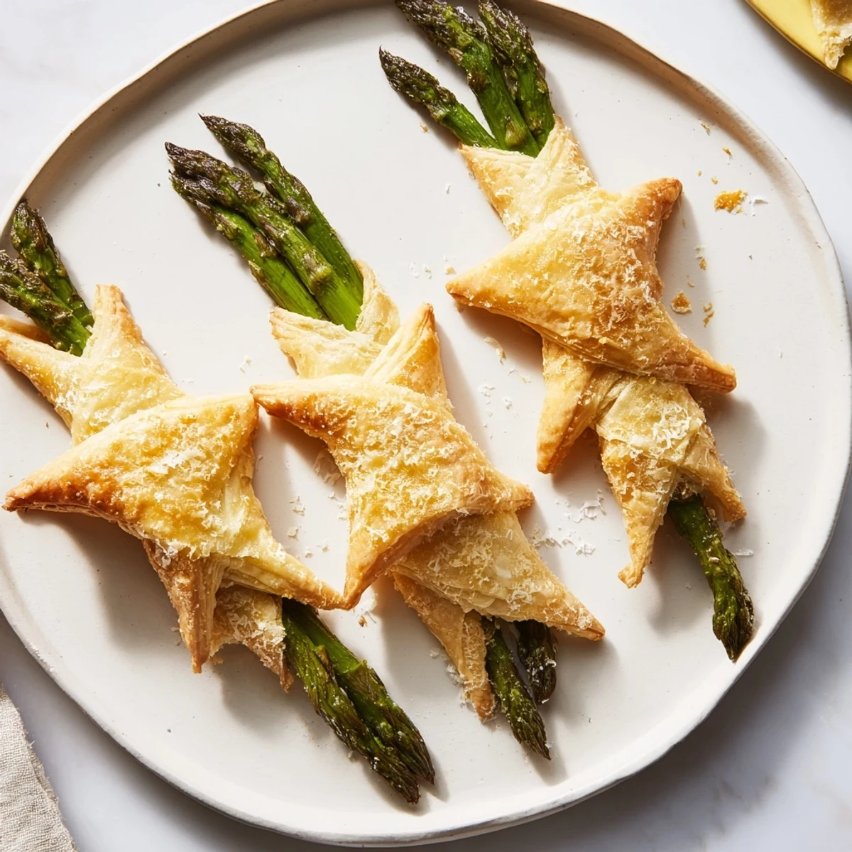 Elegant Star Shaped Asparagus Bundle Wraps, with crispy pastry stars over asparagus spears for a delightful appetizer.
