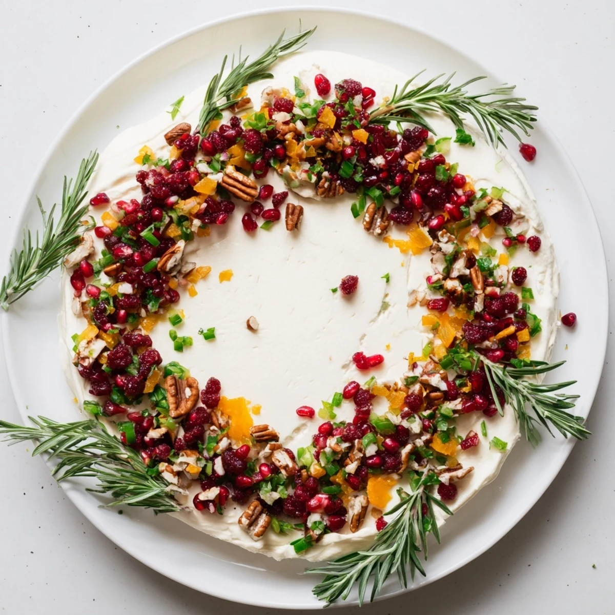Fresh rosemary and crunchy nuts garnish the stunning holiday Cranberry Feta Dip Wreath appetizer.