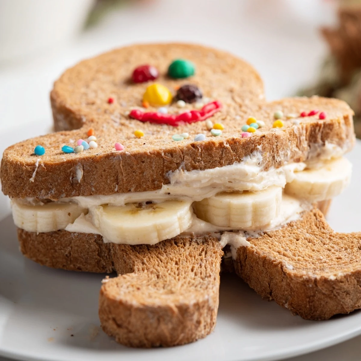 Sweet Gingerbread Man Sandwich cutouts on a plate, filled with cream cheese, ideal for kids' lunches.