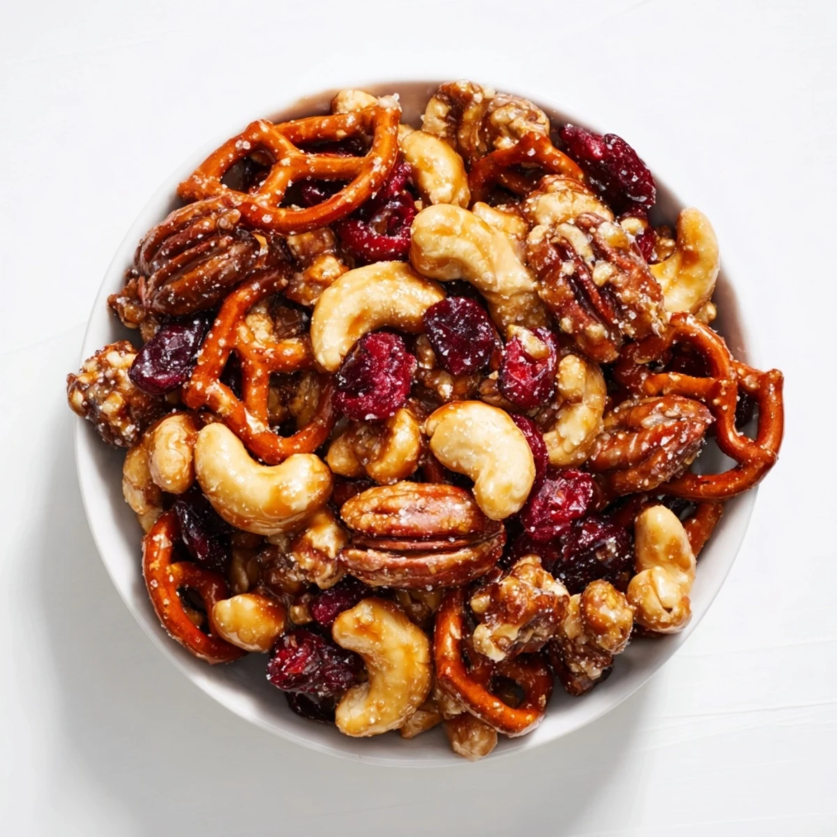 A tempting close-up of the Sweet and Salty Holiday Nut Bowl; roasted nuts and pretzels glistening with sweetness.