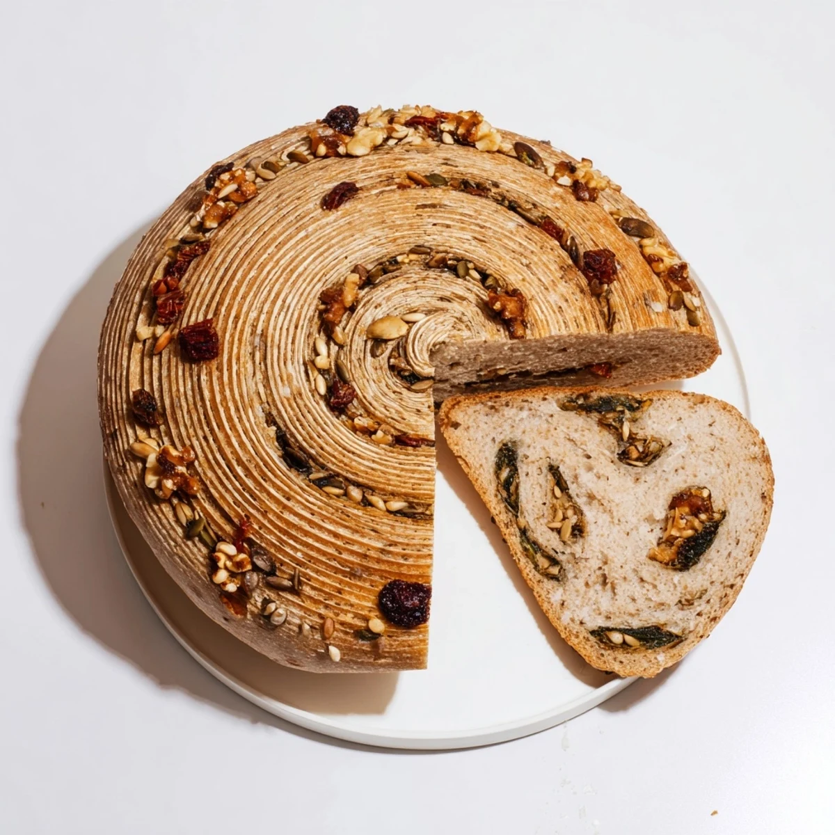 Fibonacci spiral growth bread, a rustic artisan loaf with golden-brown crust and inviting texture.
