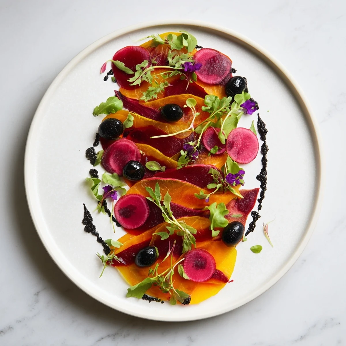 Vivid photo of The Shadow Play appetizer: red and golden beets with dark blackberry accents.