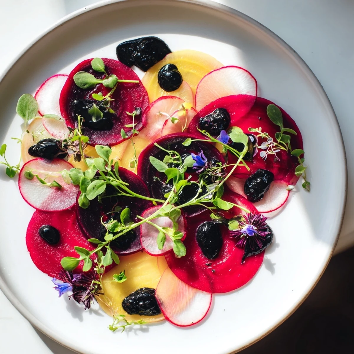 Artistic plating showcases The Shadow Play, a vegetarian appetizer with beets, olives, and black tahini.