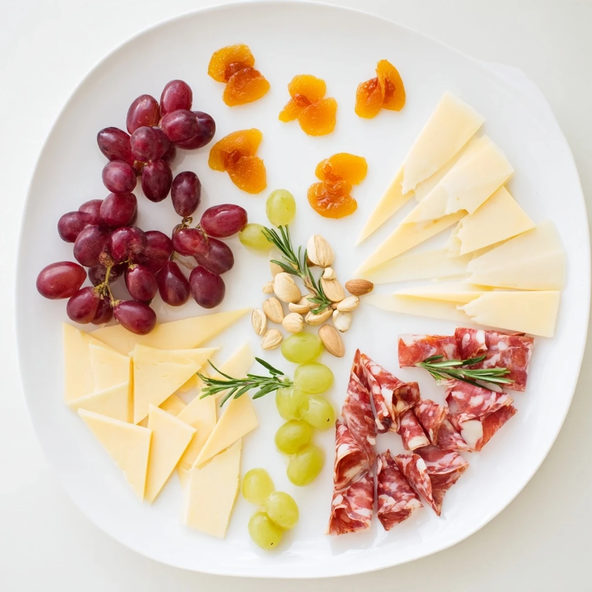 Brightly arranged Geometric Gala board, showcasing triangles of cheese, meats, and crackers for serving.