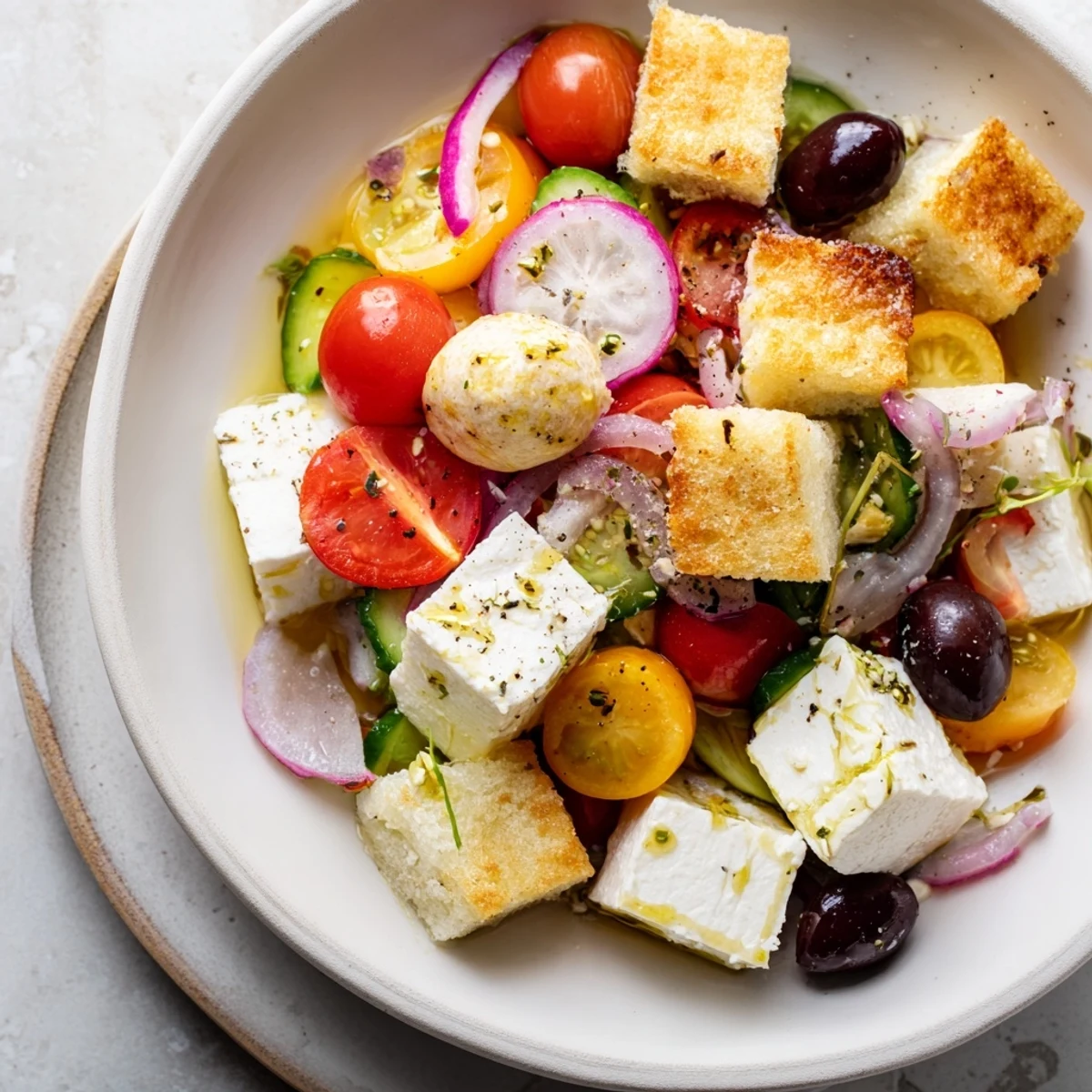 A beautifully arranged Sun-Drenched Patio mezze board with fresh feta, vegetables, and olives ready to eat.