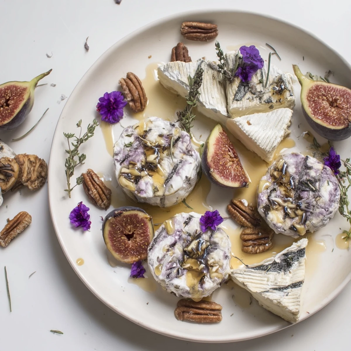 Beautifully arranged The Lavender Haze cheese platter with grapes, figs, and edible flowers for guests to enjoy.