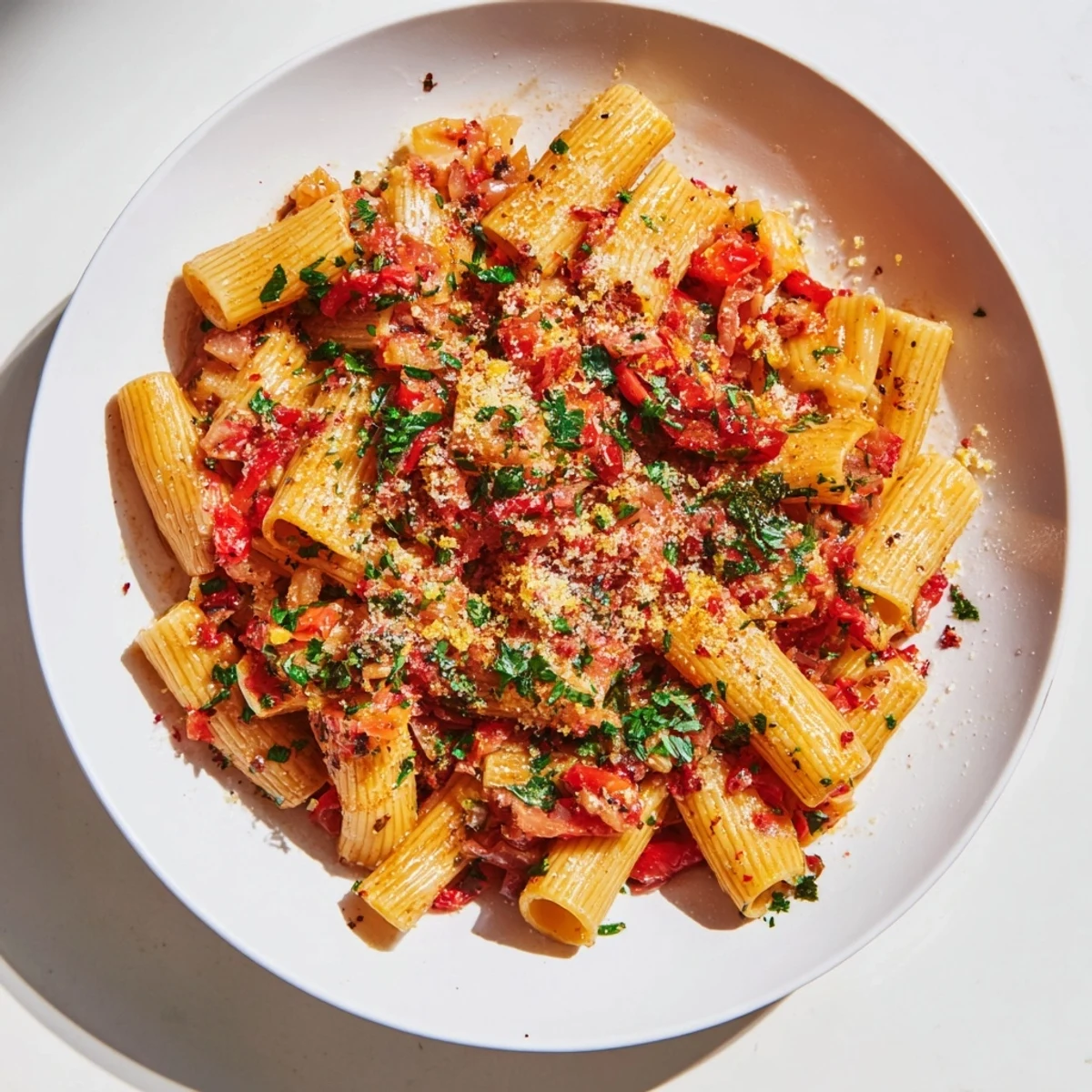 A close-up of One-Pot Diavola Spicy Pasta, with red pepper flakes and fresh basil.