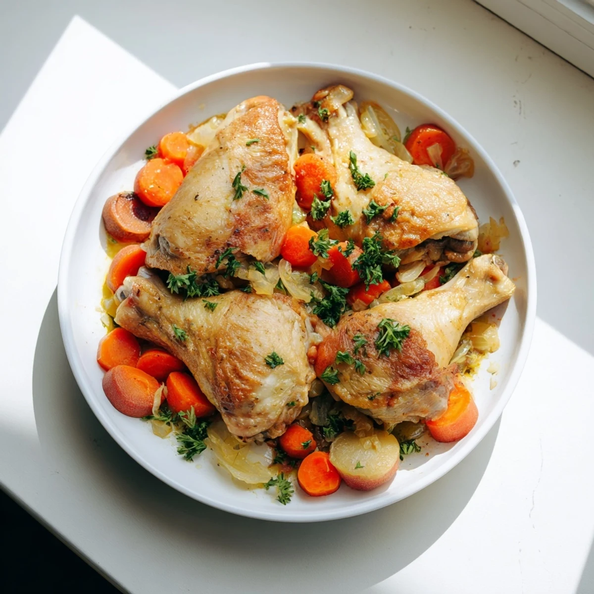 Georgia Pot Roast Chicken simmering in a Dutch oven with tender chicken and glistening, sweet onions, ready to serve.