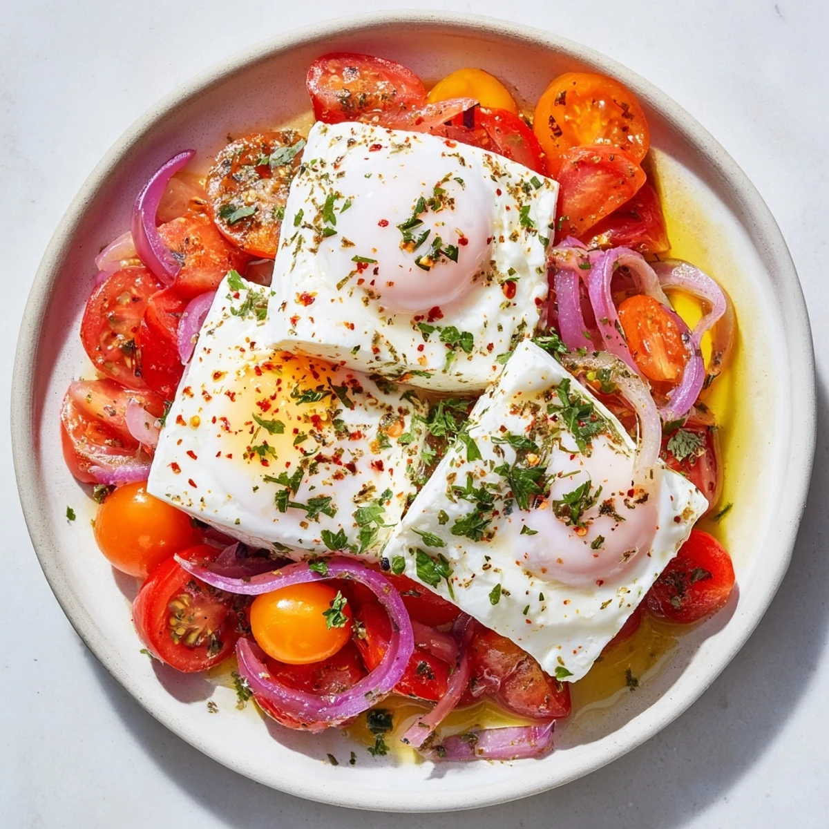 Golden brown Mediterranean Baked Feta & Eggs, surrounded by roasted tomatoes and peppers with fresh parsley.