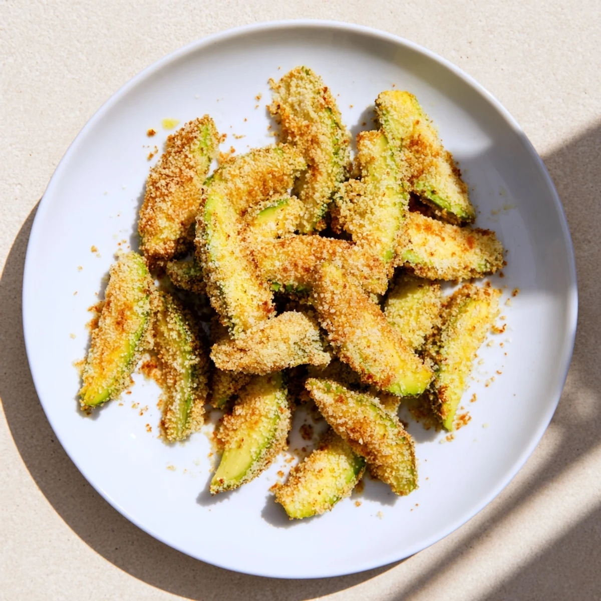 These delicious crispy baked avocado fries are ready to be dipped and enjoyed as a snack!