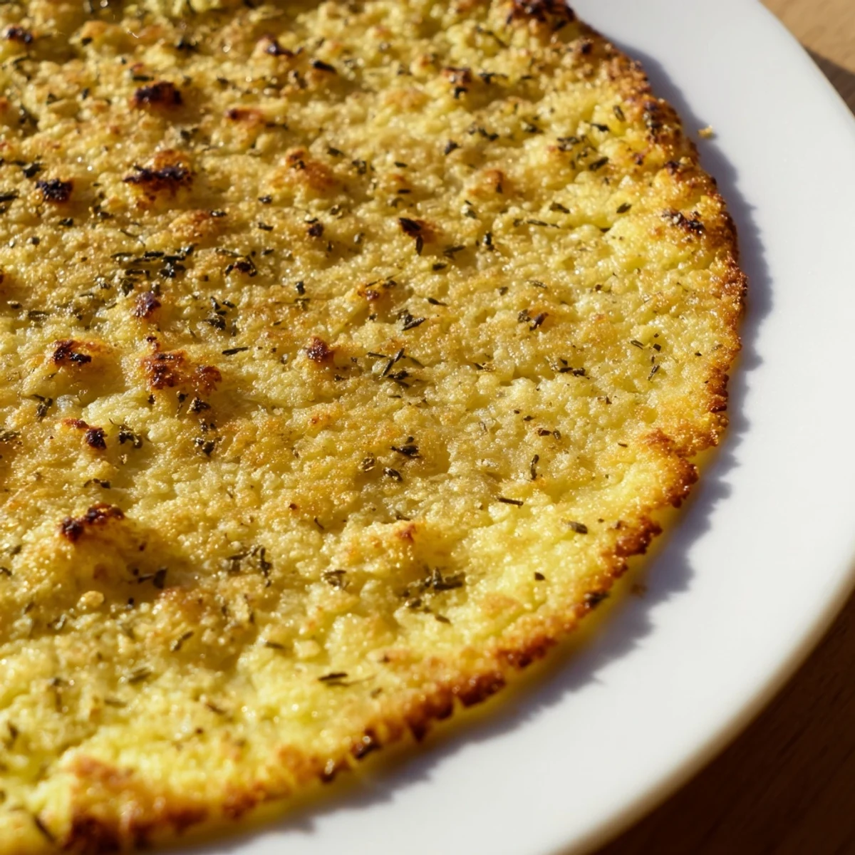 Golden brown Cauliflower Pizza Crust, ready to be topped with fresh vegetables for a delicious meal.