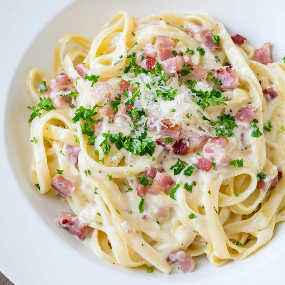 Golden, crispy bacon bits topping the Creamy Garlic Bacon Pasta with fresh parsley and Parmesan.