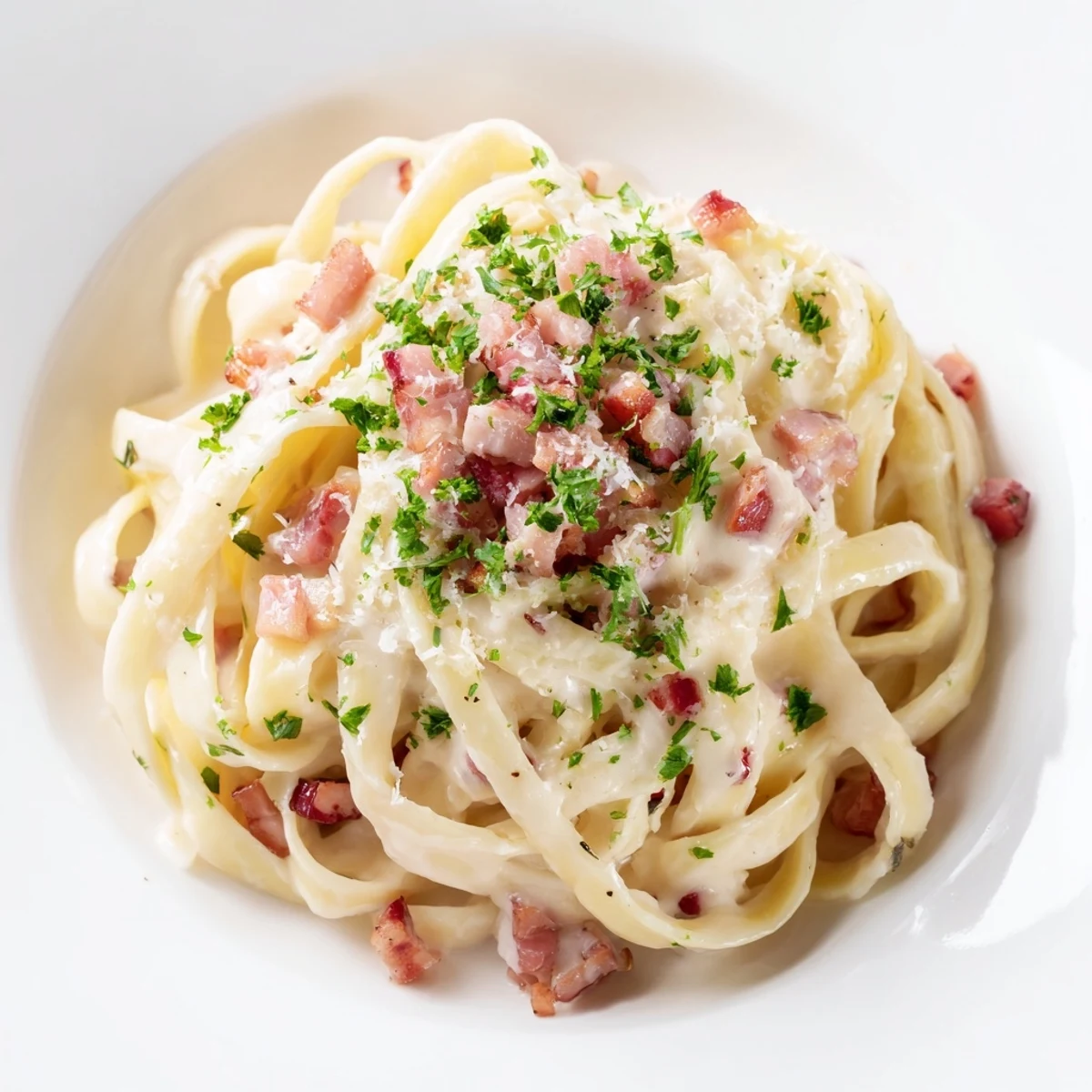 A steaming bowl of Creamy Garlic Bacon Pasta, the creamy sauce coating each strand exquisitely.