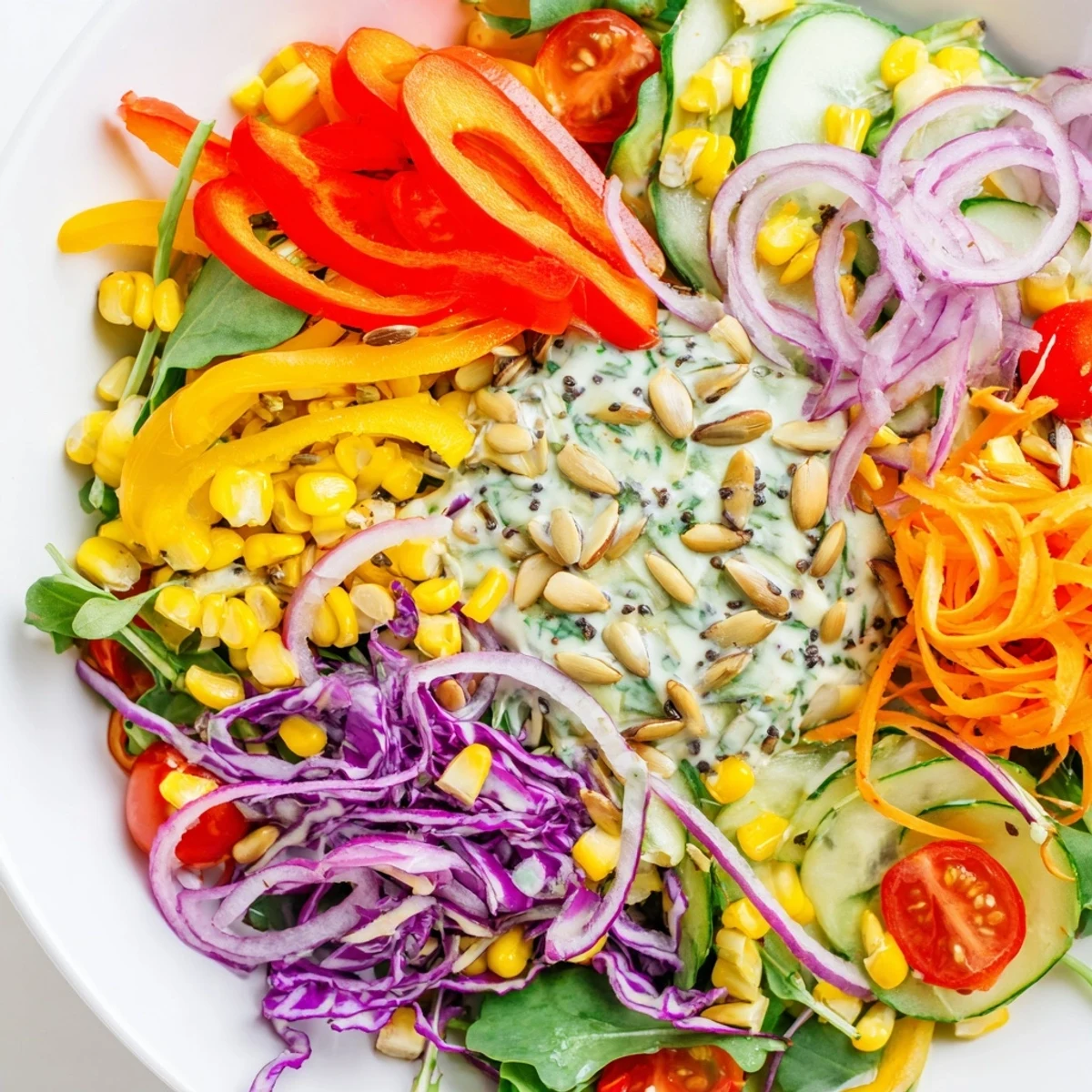 Bright rainbow salad of colorful vegetables tossed with creamy tahini dressing, delicious.