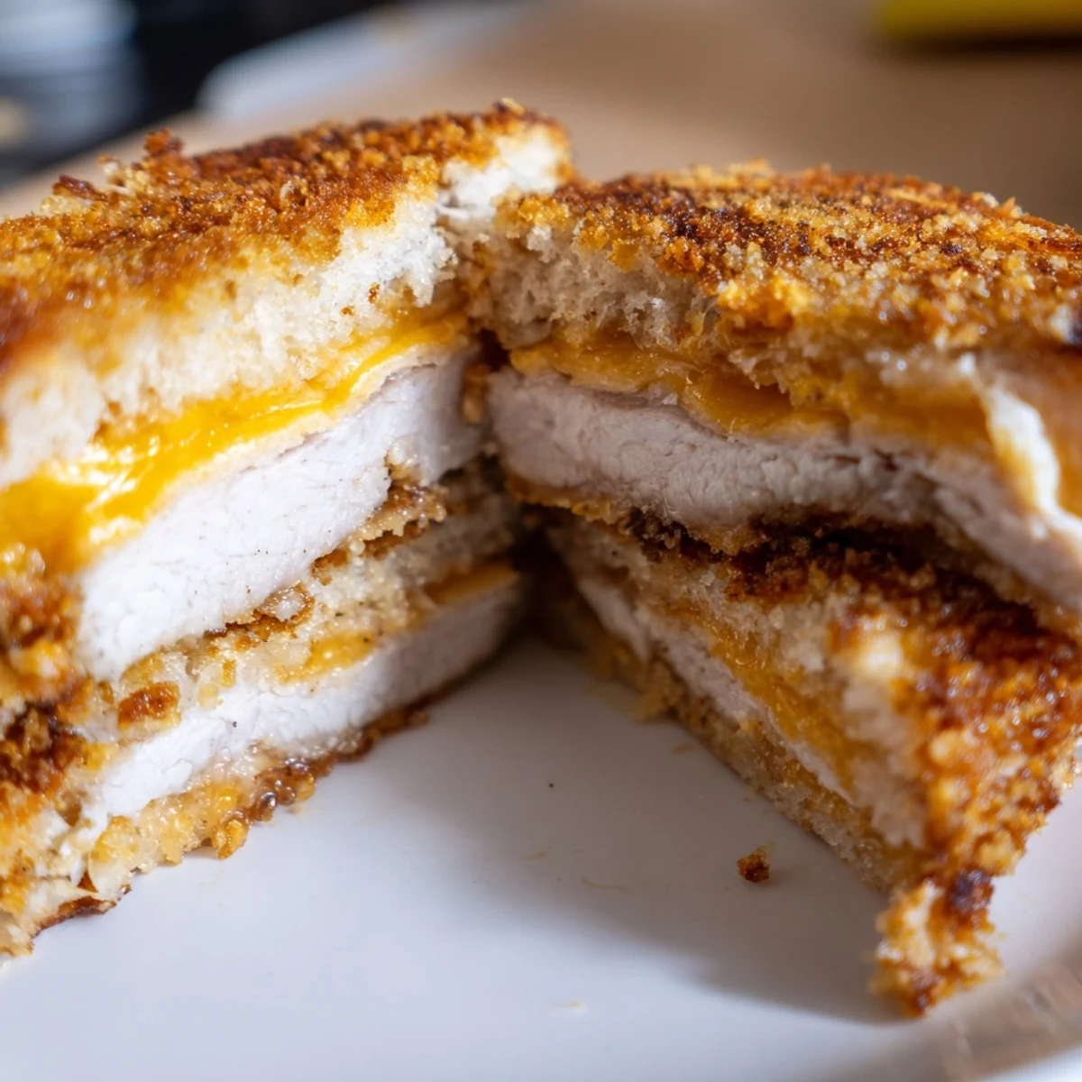 A close-up of a richly browned Crispy Panko Pork Chop Grilled Cheese, ready to be devoured fresh from the skillet.