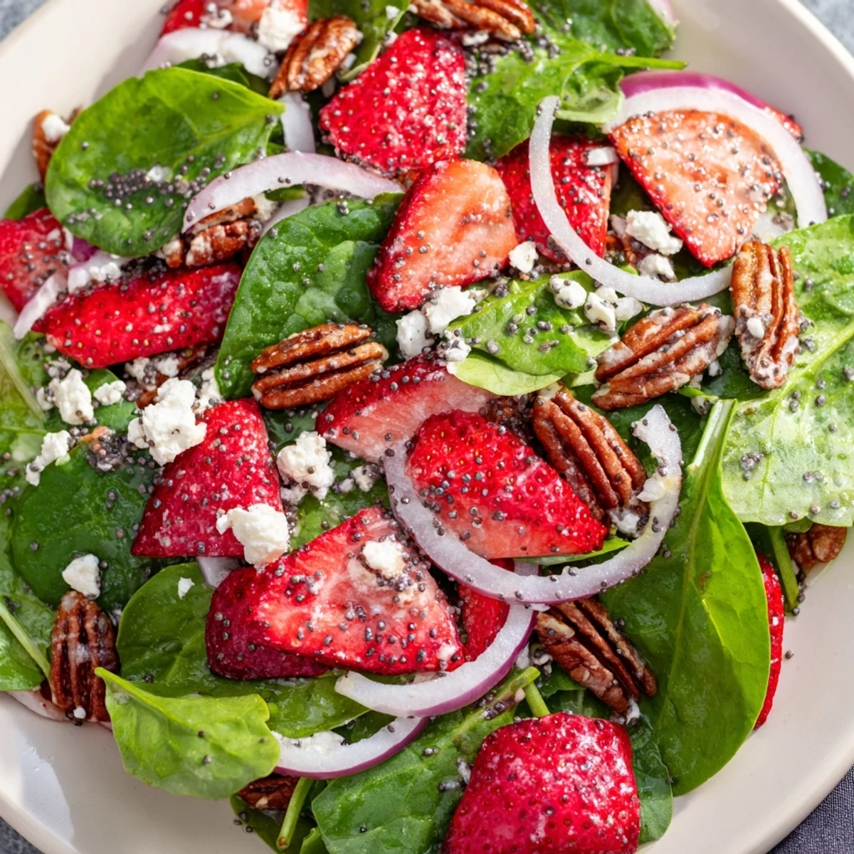 Bright image shows a beautifully arranged spinach strawberry salad, perfect for a light lunch.