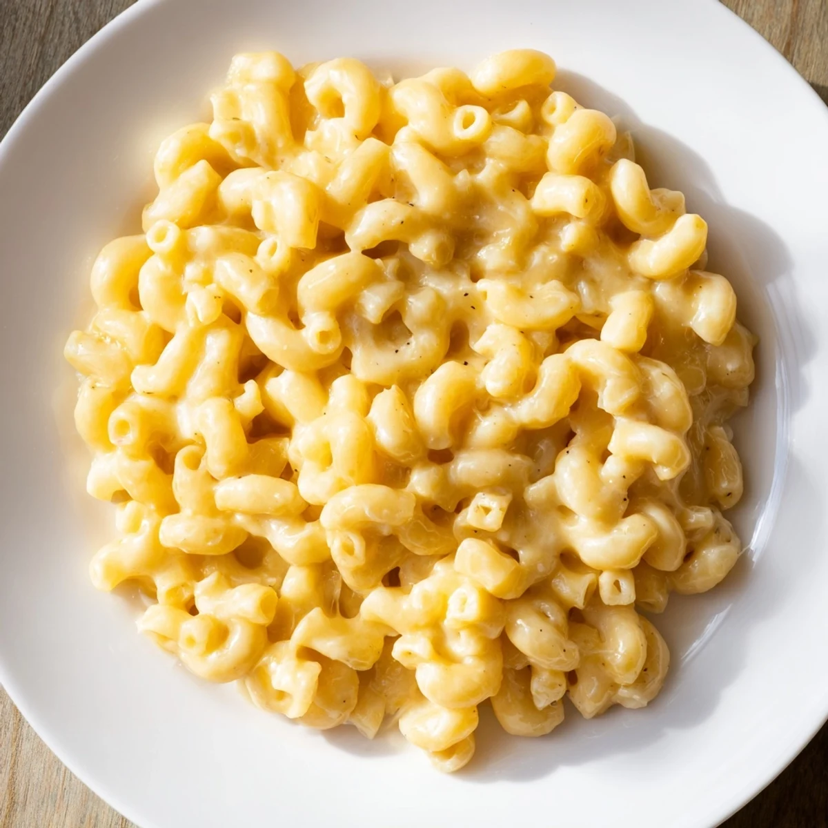 A close-up of creamy, cheesy mac and cheese, a comforting American classic, ready to serve.