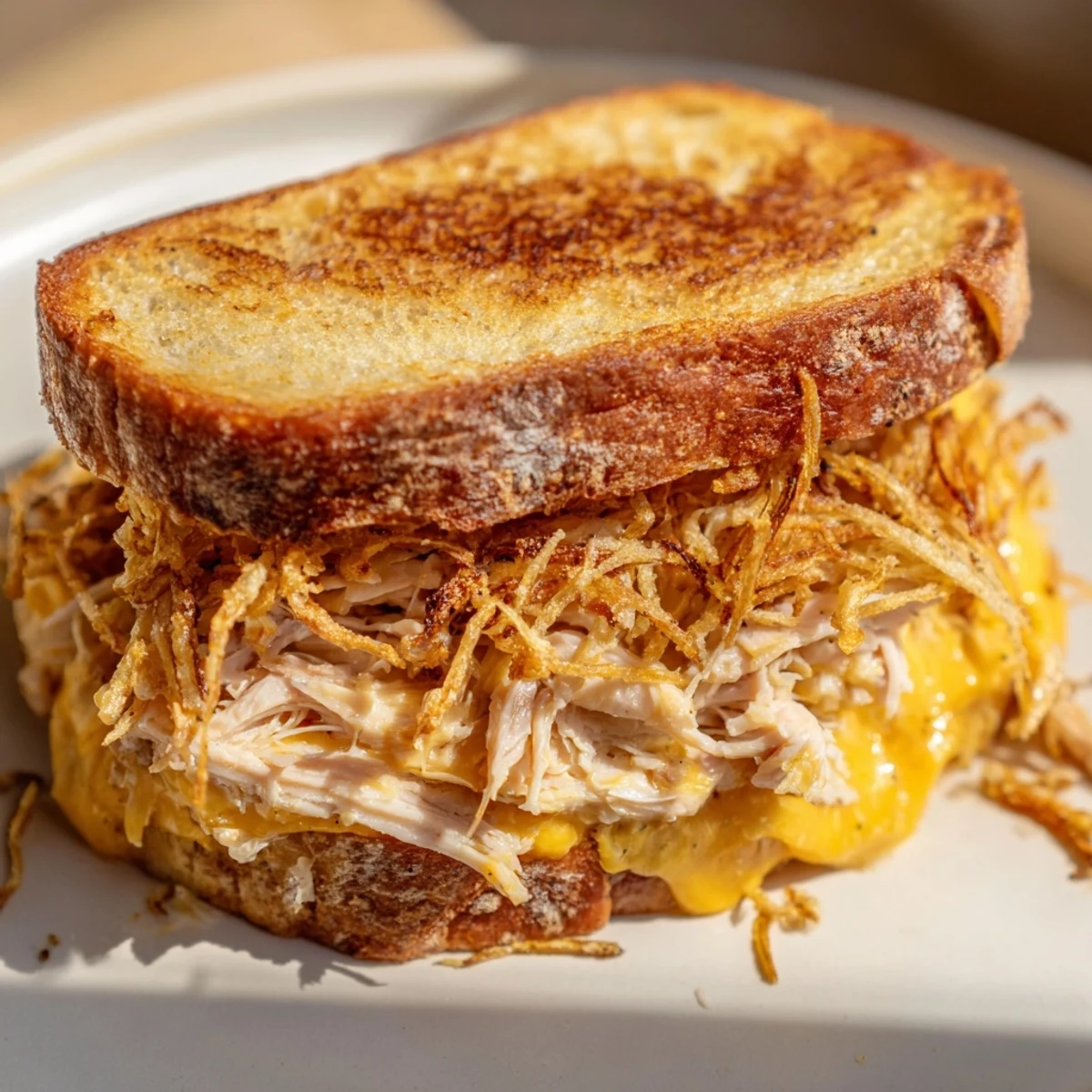 Golden brown Crispy Shallot Chicken Grilled Cheese with melted cheese oozing between toasted sourdough.