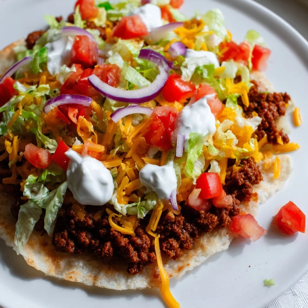 Warm, crispy Smash Tacos ready to eat with melted cheese, fresh toppings, and salsa drizzled.