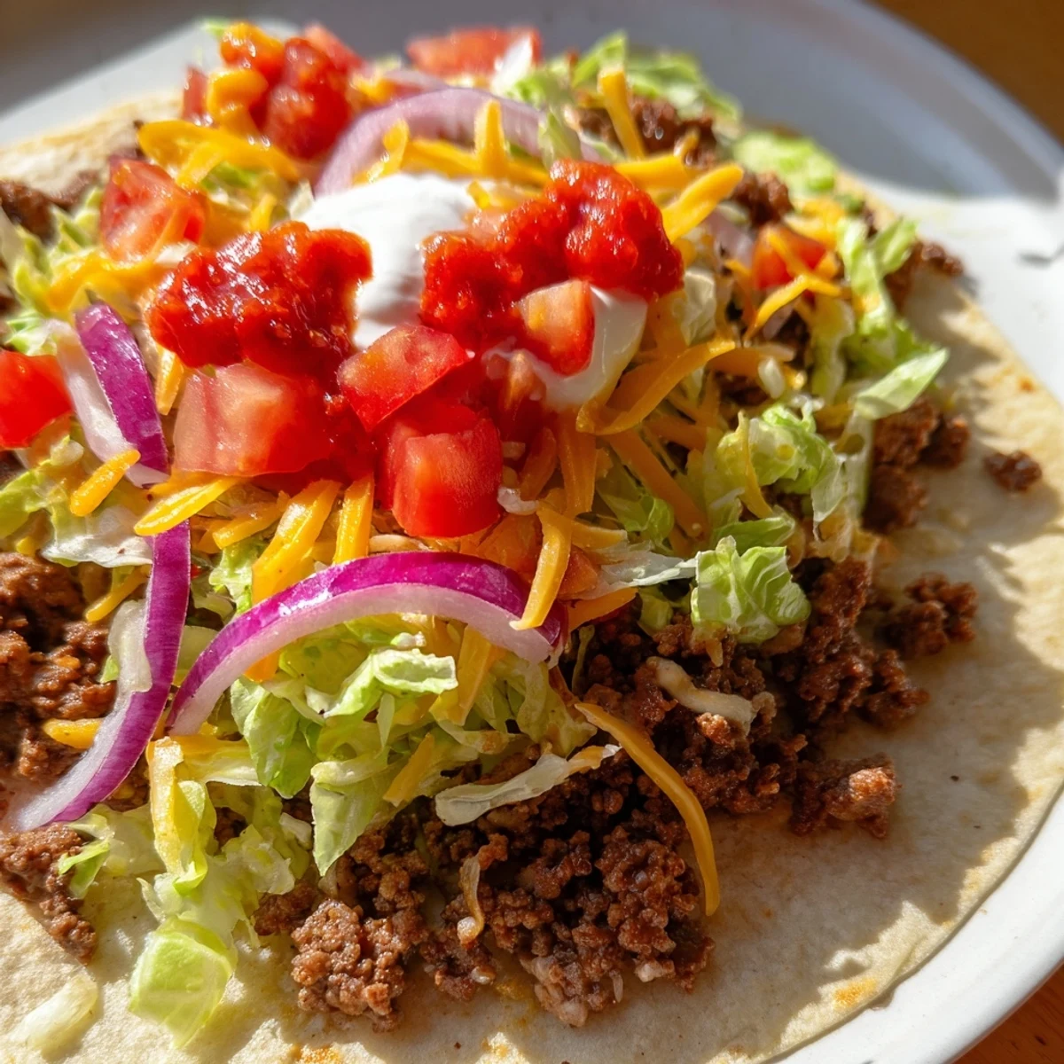 A close-up of delicious Smash Tacos, perfectly smashed with a beautiful topping of fresh ingredients.