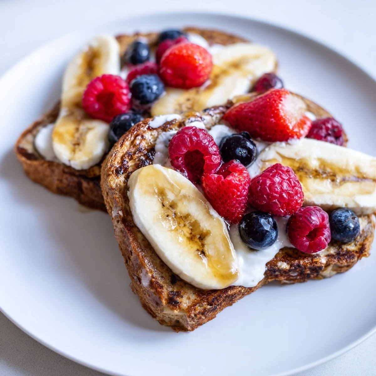 Golden, fluffy protein French toast, topped with fresh berries, ready for a delicious breakfast.