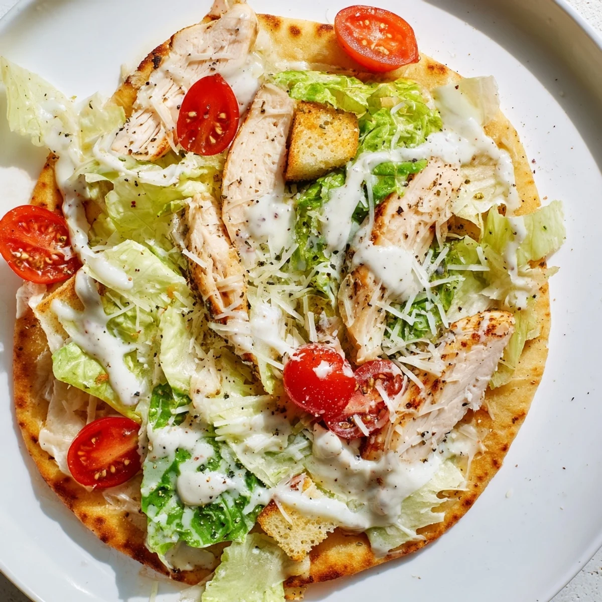 Golden Chicken Caesar Flatbread topped with chopped romaine and creamy Caesar dressing, ready to enjoy.