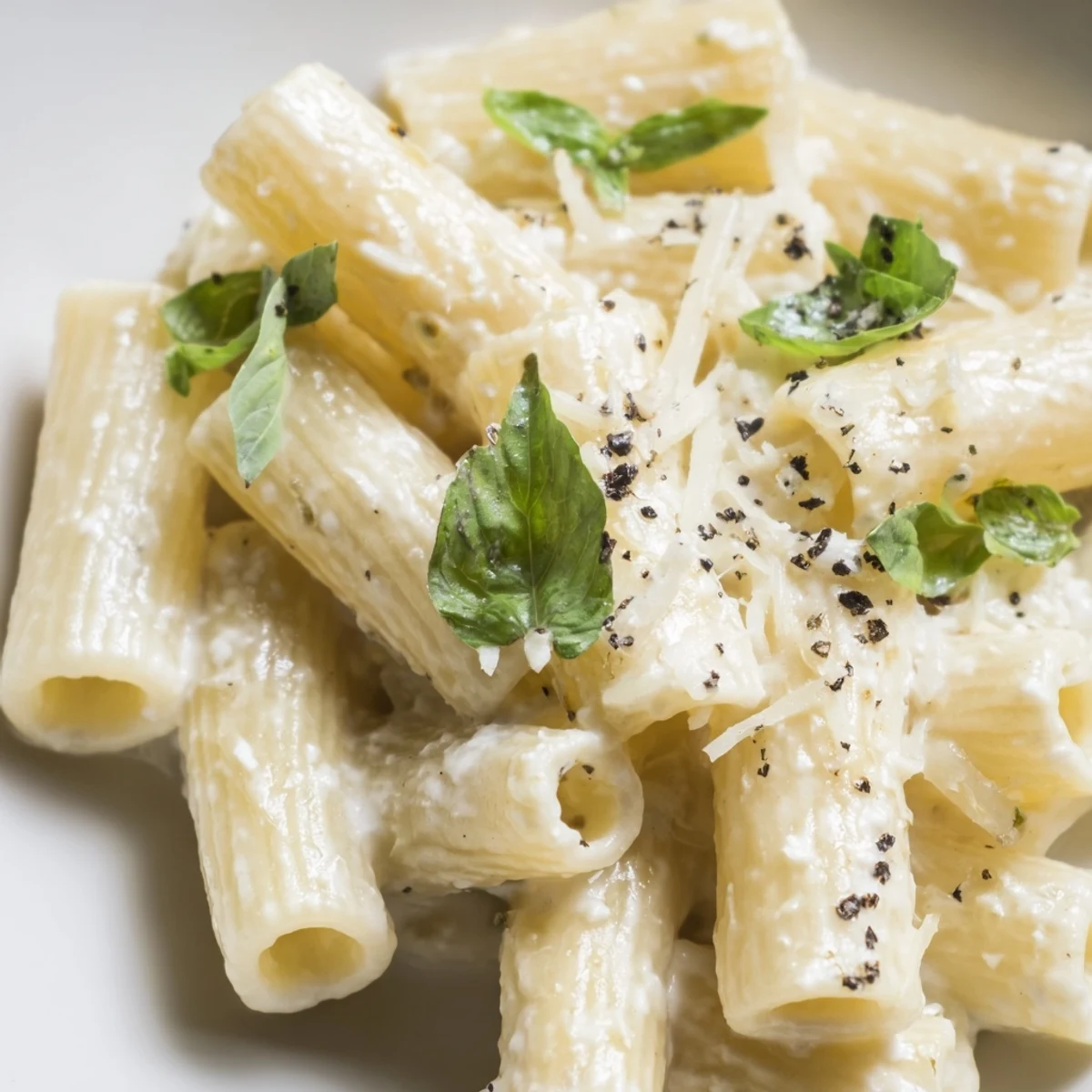 This vibrant photo shows a plate of creamy cottage cheese pasta, ready to enjoy with a fork.
