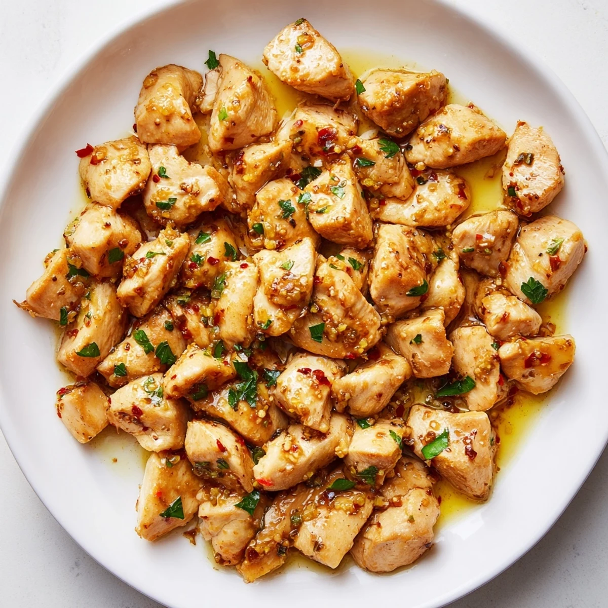 Golden, glistening Garlic Butter Chicken Bites, seared to perfection, ready to serve with parsley.