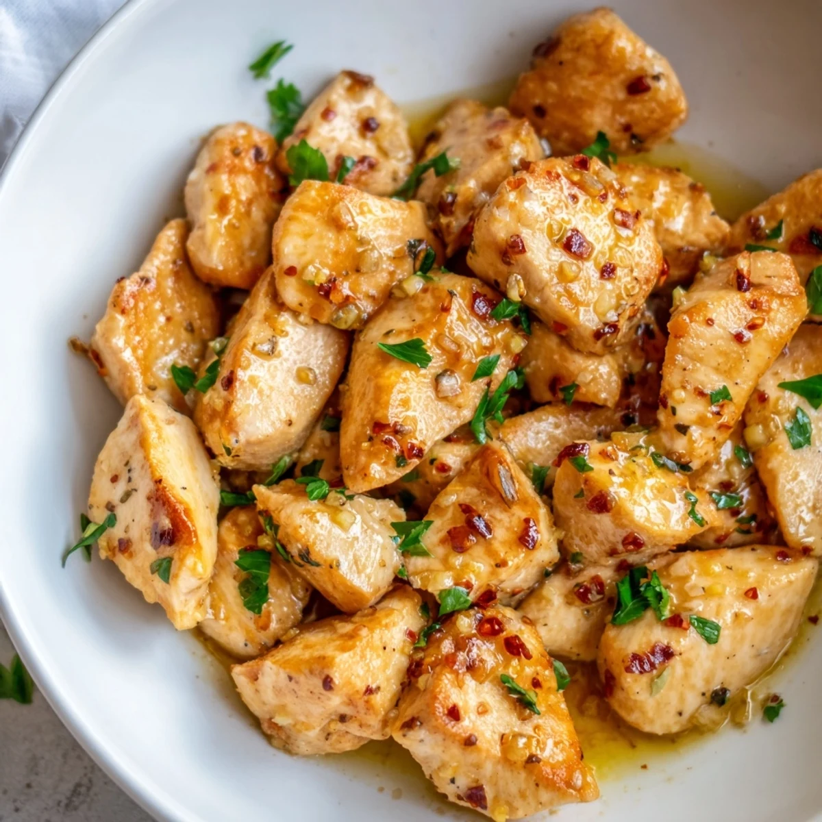 A close-up of delicious Garlic Butter Chicken Bites, swimming in a rich, flavorful garlic sauce.