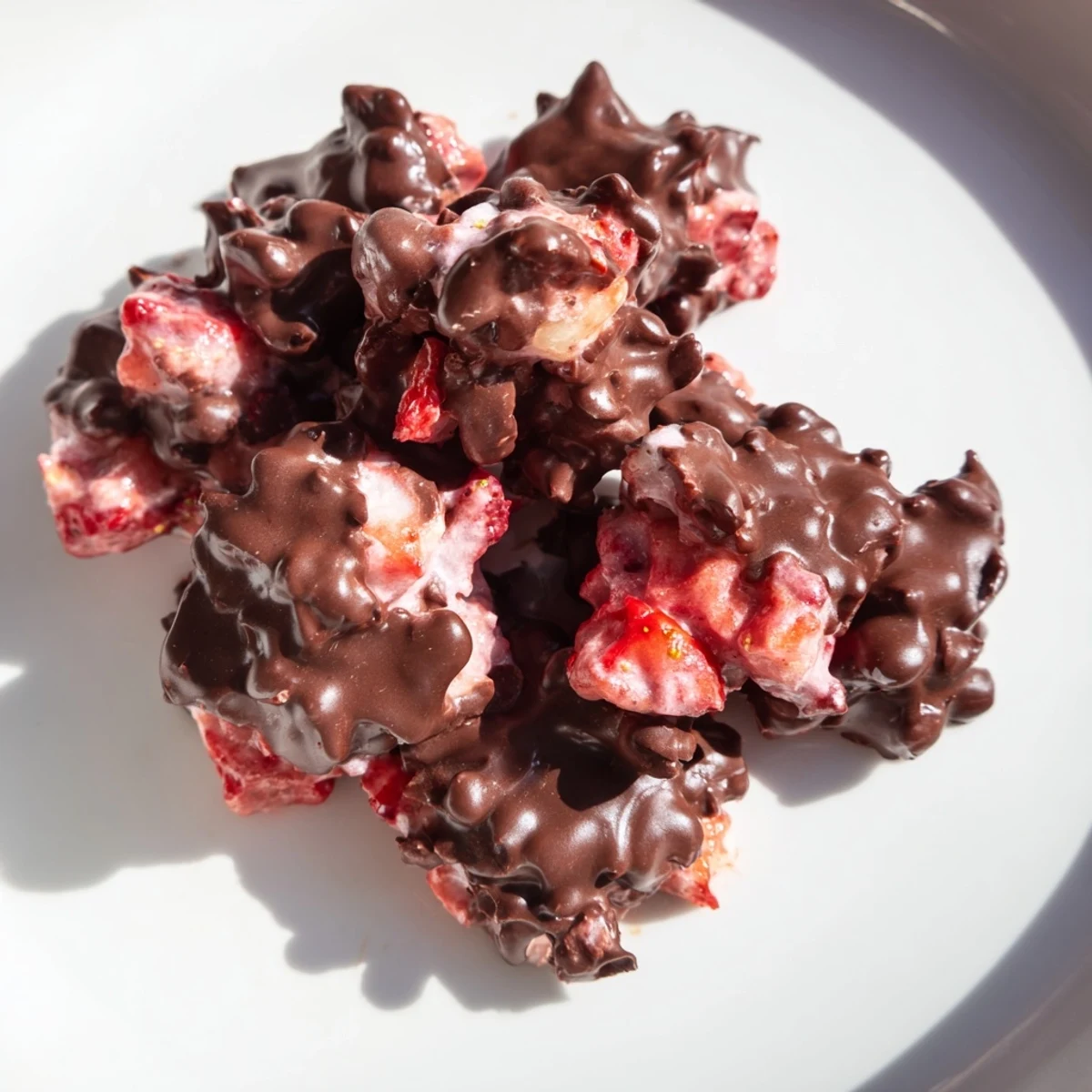Frozen Strawberry Yogurt Clusters, gleaming with a dark chocolate shell, await a refreshing bite.