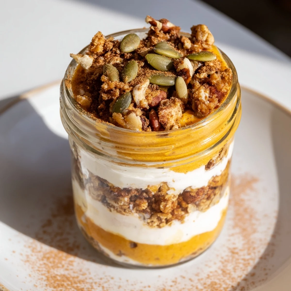 Creamy pumpkin yogurt parfait, layered with spiced pumpkin and crunchy granola, ready to eat.